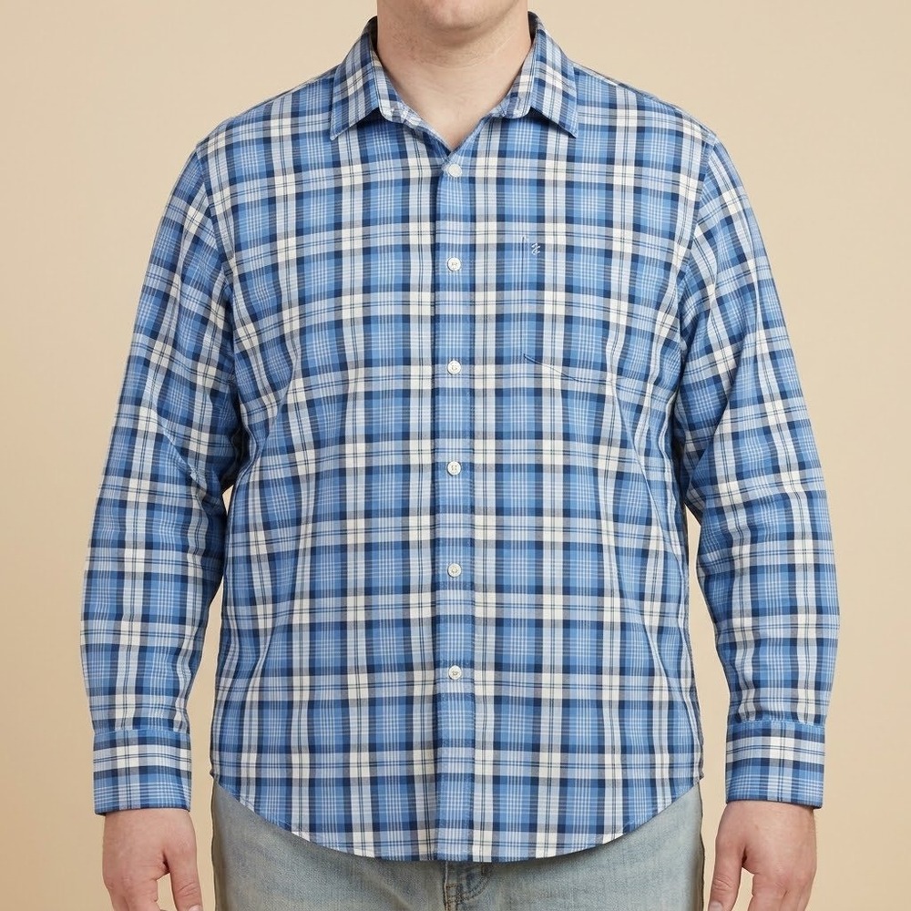 IZOD Long Sleeve Plaid Button Down Shirt Men L Blue White EUC